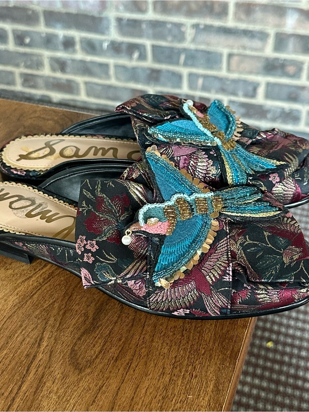 Sam Edelman Turquoise & Pink Embroidered Bird Slide Mules